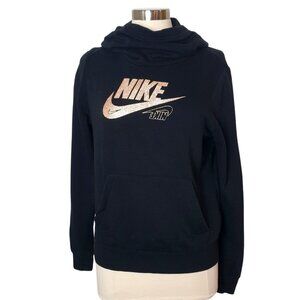 Nike Womens Glitter Hoodie Sweatshirt S Black Metallic Gold Logo Print Sporty
